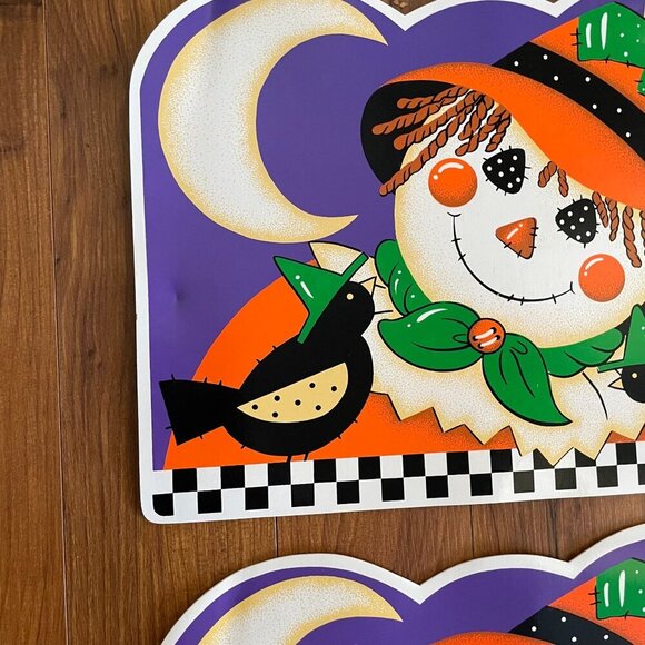 Vintage 90s Halloween Scarecrow Crow Moon Vinyl Placemats Set of 3 - Picture 5 of 5